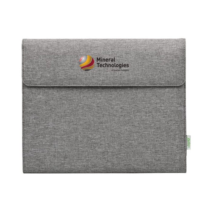 Noty Folio Eco (Business Folio) - A grey business folio with a flap closure and a logo in the centre. Features a textured fabric design.