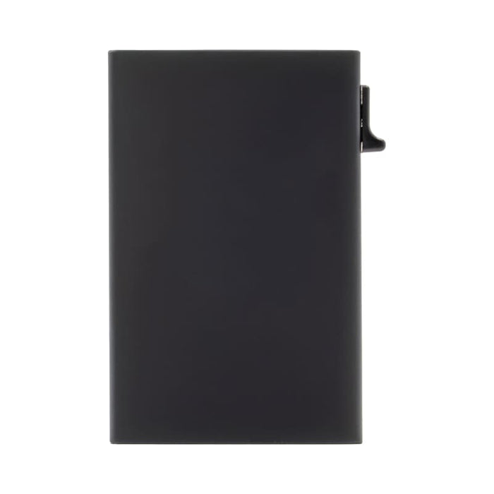 Wally Mag RFID Case - A black RFID case with a sleek design and a side clip for easy access. It features a minimalist style with a logo.