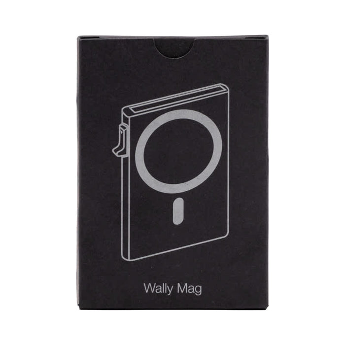 Wally Mag RFID Case - A black packaging featuring a simple line drawing of the Wally Mag RFID case, with a logo on the front.