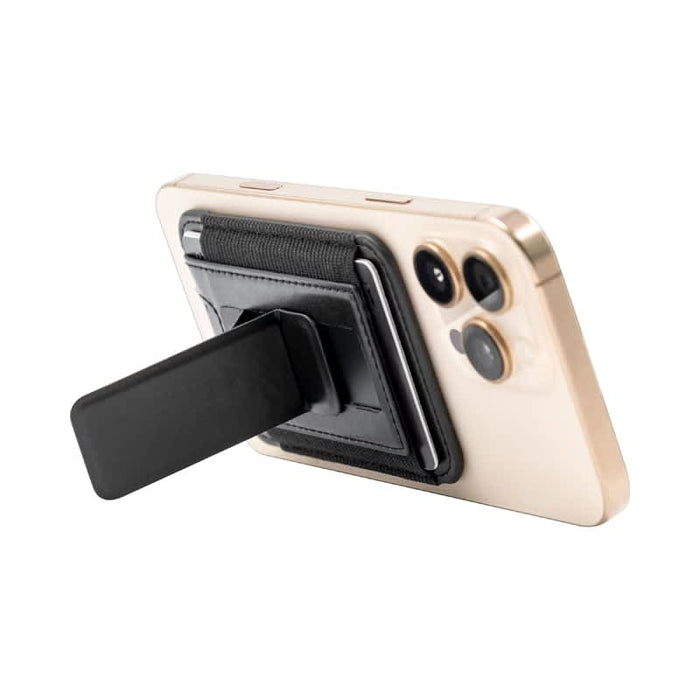 Wally Stand - A phone with a black Wally Stand attached to its back, featuring a flat, extendable grip.