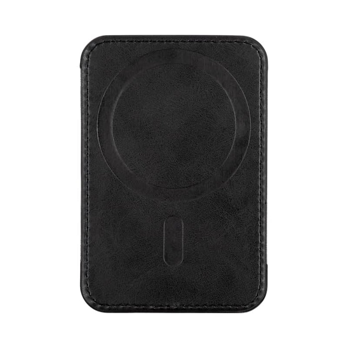 Wally Stand - A black phone wallet with a circular magnet feature on the back. It has a textured surface and a simple design.