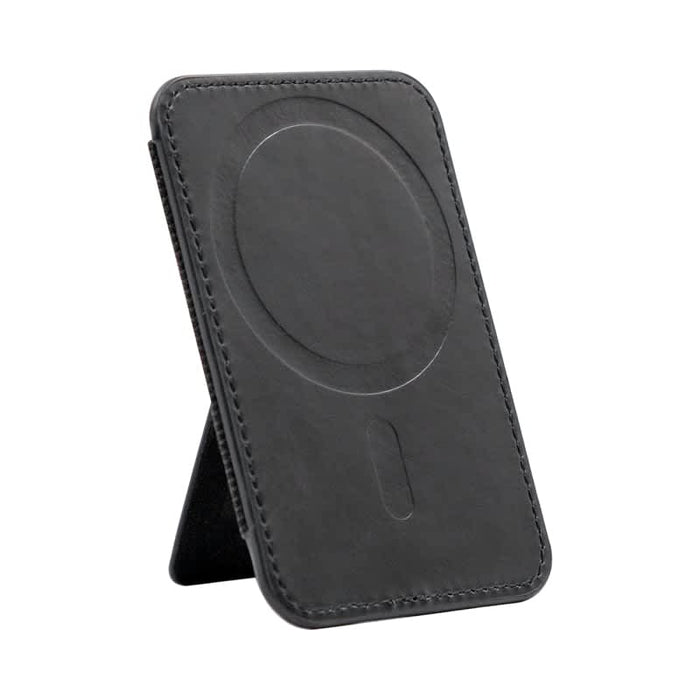 Wally Stand - A black phone stand with a circular magnetised area and stitching details, featuring a logo on the surface.