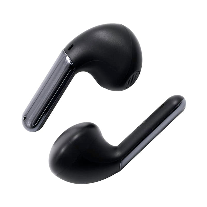 Aria True Wireless Earbuds - Black true wireless earbuds with a sleek design and a shiny finish, featuring a logo on the side.