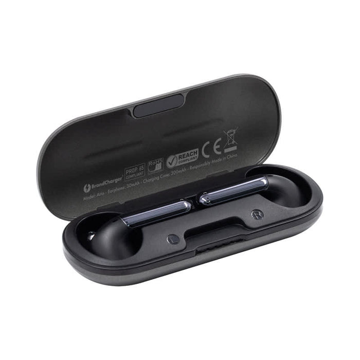 Aria True Wireless Earbuds - A pair of black Aria true wireless earbuds resting in a black charging case with a logo and branding.
