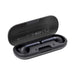 Aria True Wireless Earbuds - A pair of black Aria true wireless earbuds resting in a black charging case with a logo and branding.