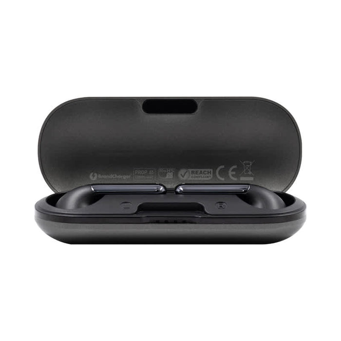 Aria True Wireless Earbuds - A black charging case with true wireless earbuds inside, featuring a sleek design and a logo on the front.