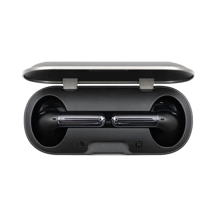 Aria True Wireless Earbuds - A pair of black true wireless earbuds stored in a black charging case with a silver hinge.
