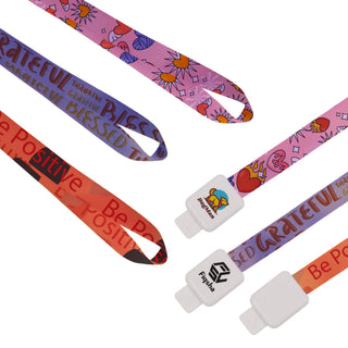 Retractable Lanyard - A collection of colourful retractable lanyards featuring various patterns and a logo on the clips.