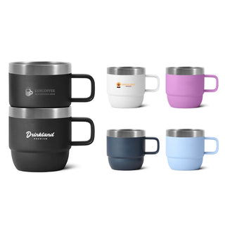 Stackable Stainless Steel Mug - A stackable stainless steel mug set featuring black, white, pink, navy, and blue colours, with various logos.
