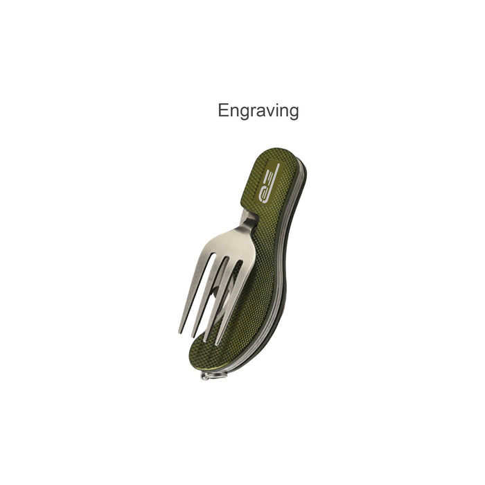 Camping Cutlery - A green camping cutlery set featuring a stainless steel fork with a compact design. Includes branding.