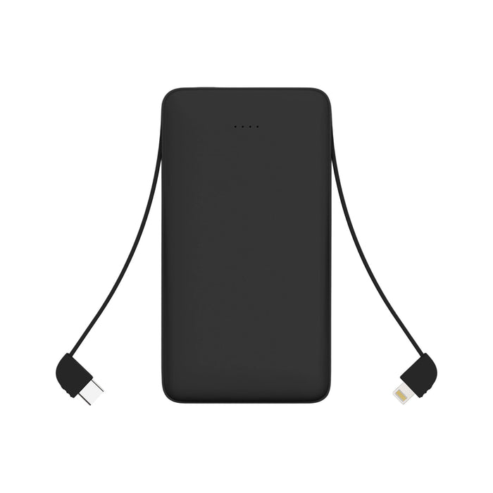 10000mAh Slim  Power Bank with Charging Cable - A black 10000mAh slim power bank with an attached charging cable. Features a minimal design and a logo.