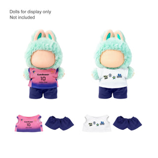 Plush Doll Jersey Outfit (15–17cm Doll) - Plush doll outfit set featuring a green bunny hoodie and two jerseys in pink and white, with navy shorts.