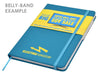 Essentials A5 Notebook - A turquoise notepad with a matching elastic band and a belly band featuring a branding logo.