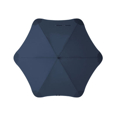 BLUNT Exec Umbrella - A dark navy umbrella with a sleek design and central button, featuring a branding logo.