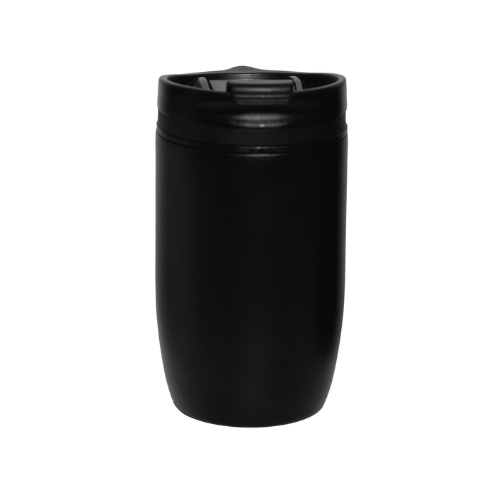 The Roamer 300ml Vacuum Cup - A drink bottle featuring a sleek black design with a secure lid, suitable for travel. It has a branded logo.