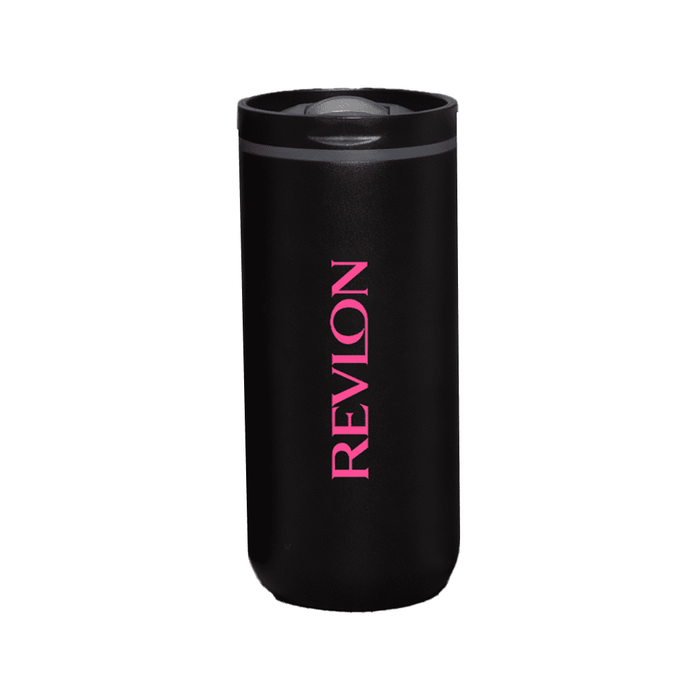 The Siena 450ml Vacuum Tumbler - A drink bottle featuring a sleek black design with a pink logo. It has a vacuum-insulated structure.