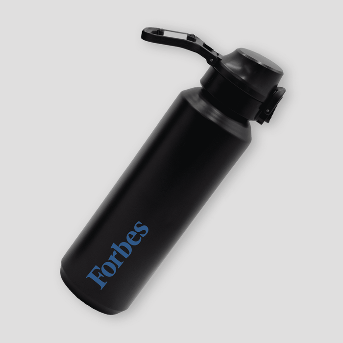 Thunder 600ml Bottle - A drink bottle in matte black featuring a logo, with a flip-top cap and a carrying handle.