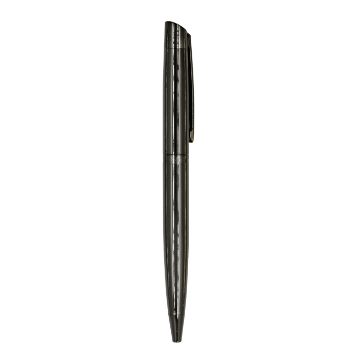 The Rhi Metal Ball Pen - A sleek black metal ball pen with a smooth finish and a clip for easy attachment. It features a minimalist design.