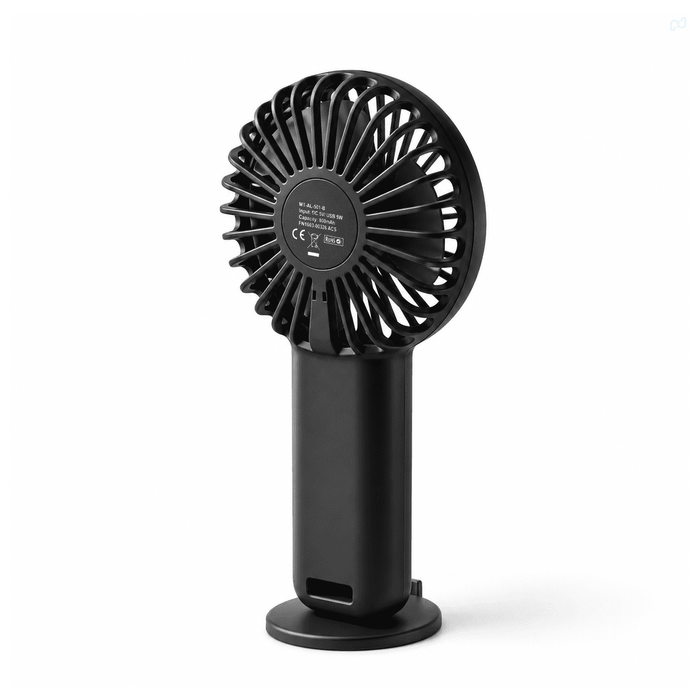 Hybrid Fan - A portable black hybrid fan with a round grille and a sturdy base, featuring a logo on the back.
