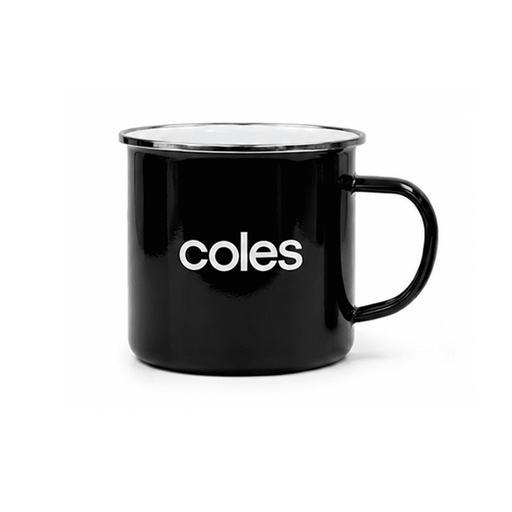 The Murray 500ml Mug - A black enamel mug with a silver rim and a branded logo. Simple, sturdy design with a handle.