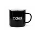 The Murray 500ml Mug - A black enamel mug with a silver rim and a branded logo. Simple, sturdy design with a handle.
