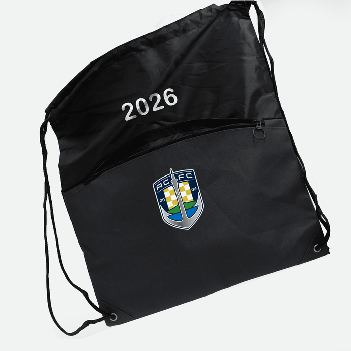 The Buddy Drawstring Bag - A black drawstring bag with a zippered pocket and a logo on the front.
