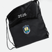 The Buddy Drawstring Bag - A black drawstring bag with a zippered pocket and a logo on the front.