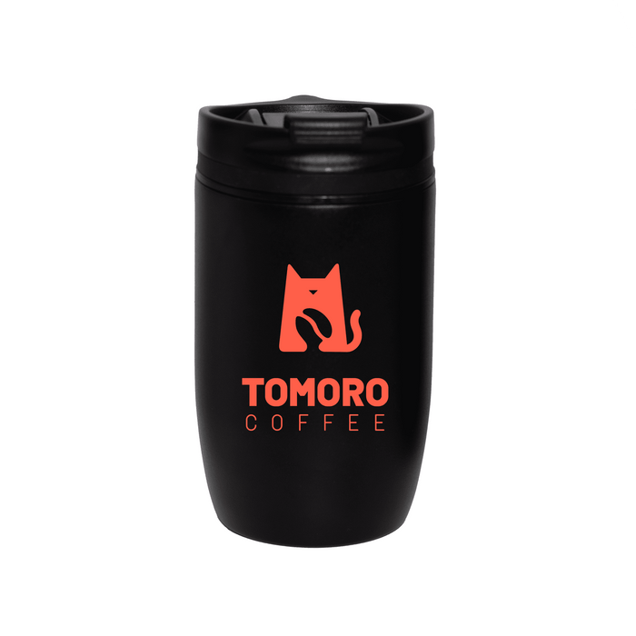 The Roamer 300ml Vacuum Cup - A drink bottle featuring a black vacuum cup with a cat logo in red. It has a secure lid for easy drinking.