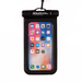 Waterproof Phone Pouch - A waterproof phone pouch in black, featuring a clear front to display a smartphone screen and a hanging strap.