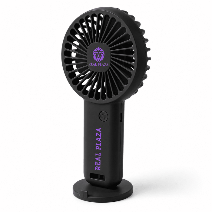 Hybrid Fan - A black handheld fan with a circular grille and a base. It features a logo on the front.