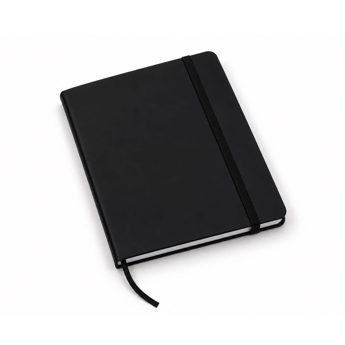 FSC Notebook - A black FSC Notebook with a flexible cover, an elastic band closure, and a ribbon bookmark.