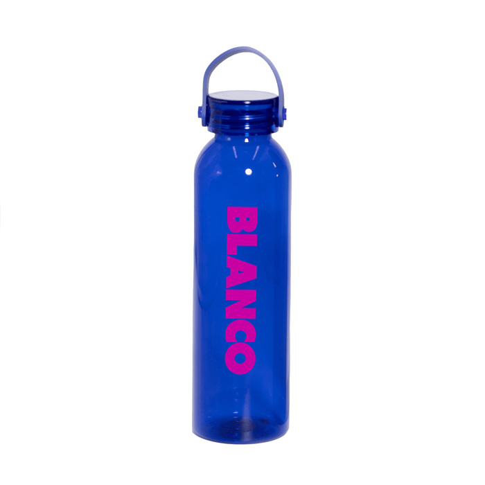 Clearview RPET 630ml Drink Bottle - A drink bottle in blue with a pink logo. It has a screw-top lid and a handle for easy carrying.