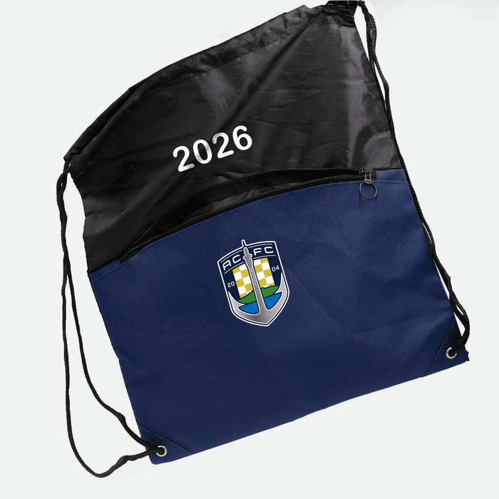 The Buddy Drawstring Bag - A black and navy drawstring bag featuring a logo and zippered pocket, designed for practicality and style.