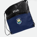 The Buddy Drawstring Bag - A black and navy drawstring bag featuring a logo and zippered pocket, designed for practicality and style.