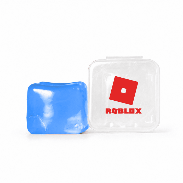 Jelly Cube Sensory Toy - A blue jelly cube sensory toy inside a clear container with a red logo on the lid.
