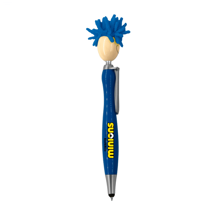 Mop Head Pen with Stylus - A blue pen featuring a whimsical mop head design, with a stylus tip and a logo on the body.