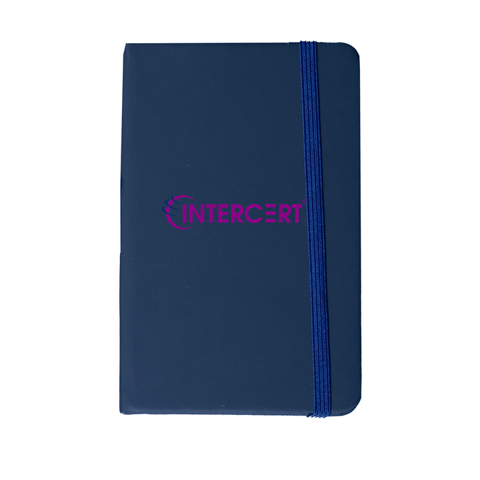 Minichroma A6 Notebook - A navy blue notebook with a band, featuring a logo on the cover.