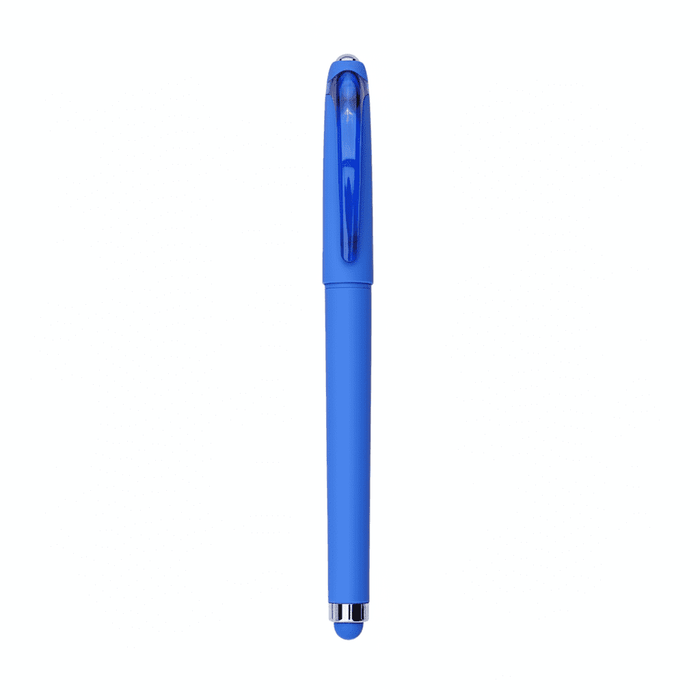 Fidget Gel Pen - A blue fidget gel pen with a smooth finish and a click mechanism, featuring a logo on its body.