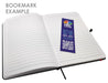 Essentials A5 Notebook - A notepad with blank lined pages and a bookmark inserted, featuring a design with various colours and a logo.