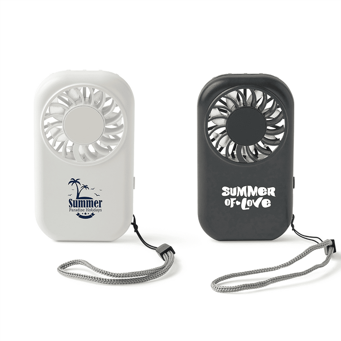 Mini Pocket Fan - A mini pocket fan in black and white, each with a wrist strap and decorative branding.