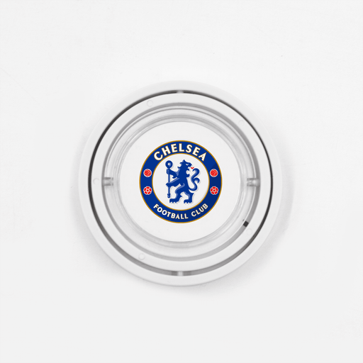 The Amazing Fidget - A circular glass ashtray featuring a logo in blue and white for a football club, with a silver rim.