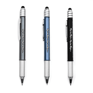 The Balance Pen - Three pens in grey, blue, and black with a silver grip and a logo on each.