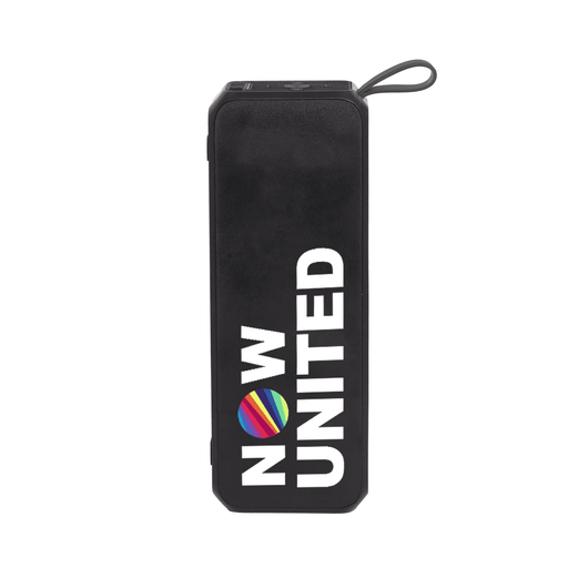Sunrise Solar Speaker - A rectangular black portable speaker with a logo and text. It features a loop for easy carrying.