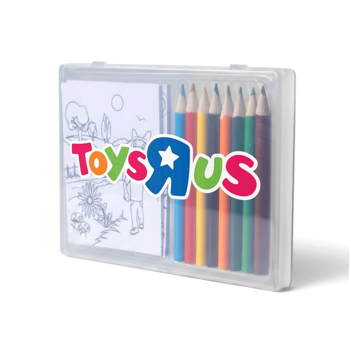 The Sketch Set - A sketch set featuring a transparent case containing a colouring book and eight coloured pencils in various bright colours.