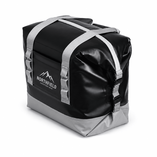 Premium 17L Foldable Cooler - A black and grey 17L foldable cooler with adjustable straps and a logo on the side.