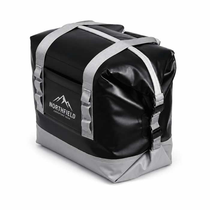 Premium 17L Foldable Cooler - A black and grey 17L foldable cooler with adjustable straps and a logo on the side.