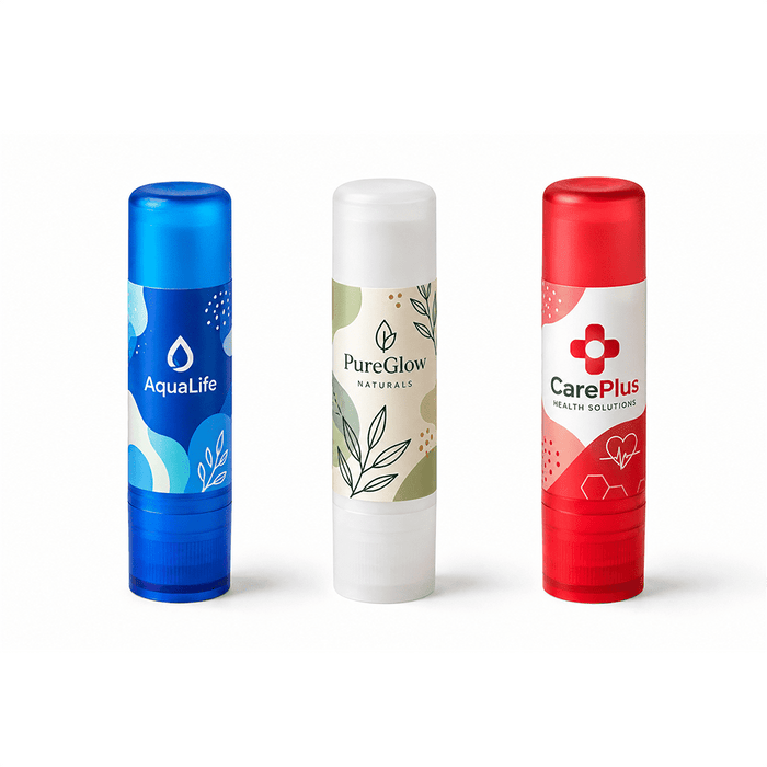 Twist Lip Balm - Three lip balm tubes in blue, white, and red, featuring logos and various floral designs.
