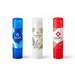 Twist Lip Balm - Three lip balm tubes in blue, white, and red, featuring logos and various floral designs.