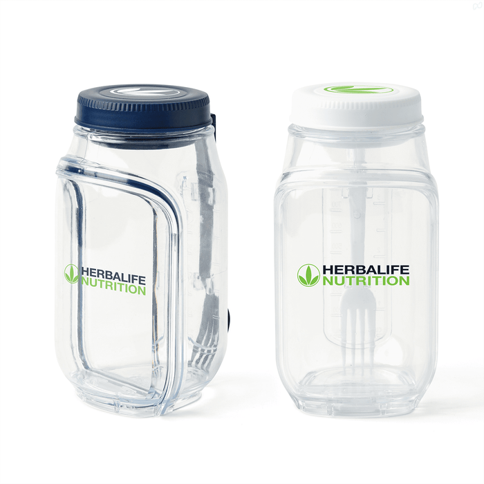 Go Salad Jar - A clear salad jar with a dark blue lid and a white lid, featuring a logo on each container.