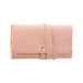 Synthetic Leather Jewellery Bag - A pink synthetic leather jewellery bag, featuring a flap closure and a strap for secure fastening.
